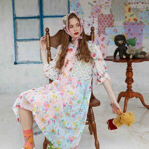Unlogical Poem Lio Beardsley Illustrated Print Stitching Chiffon Dress